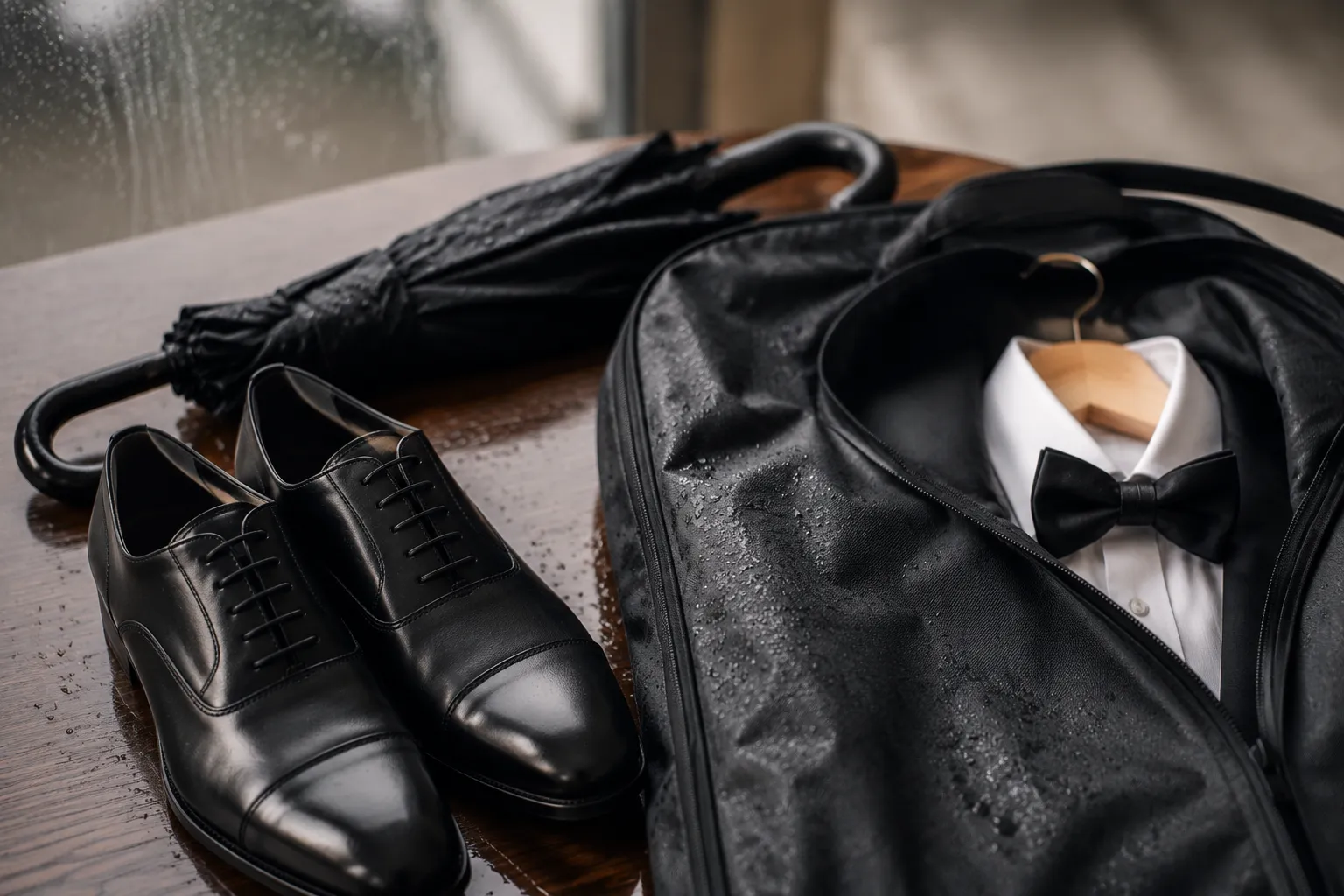 Rain-ready footwear and garment-covering items organized for wedding travel