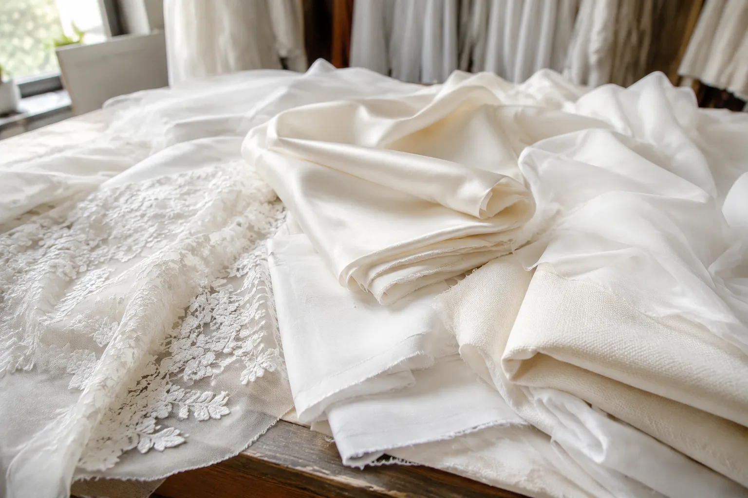 Wedding fabric samples comparing drape, layering, and textile construction