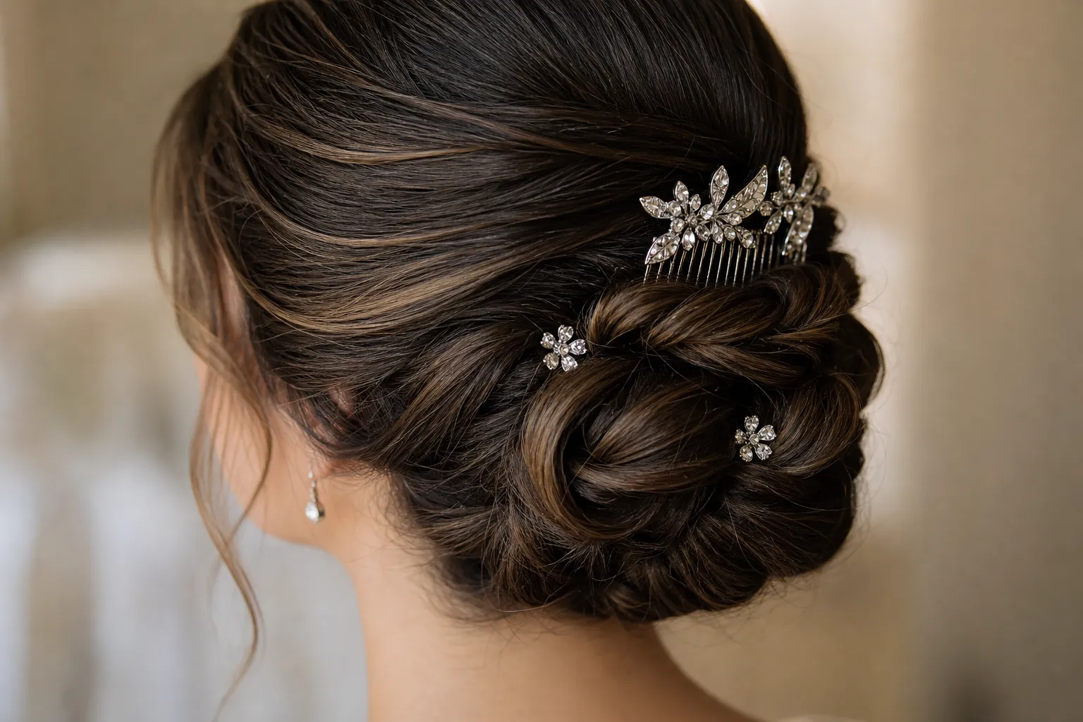 Close view of a wedding comb and decorative pins secured in an updo