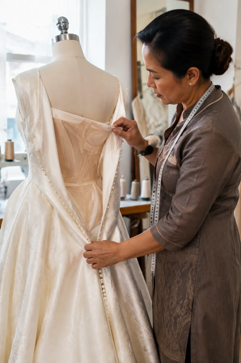Dressmaker examining the layered bodice and lining of a Thai silk wedding gown