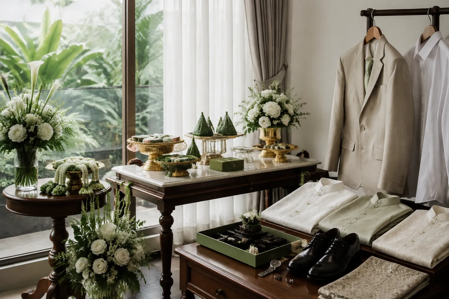 Prepared Thai wedding accessories and floral details awaiting photography in a quiet setup room