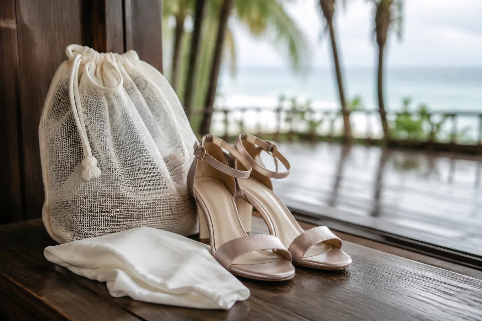 Wedding shoes prepared for changing weather and outdoor photography in Thailand