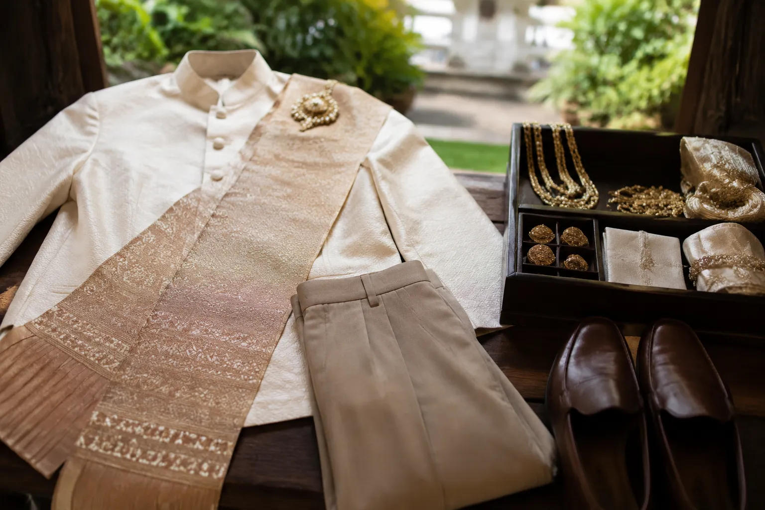 Breathable Thai wedding clothing and accessories prepared for ceremony movement and reception comfort