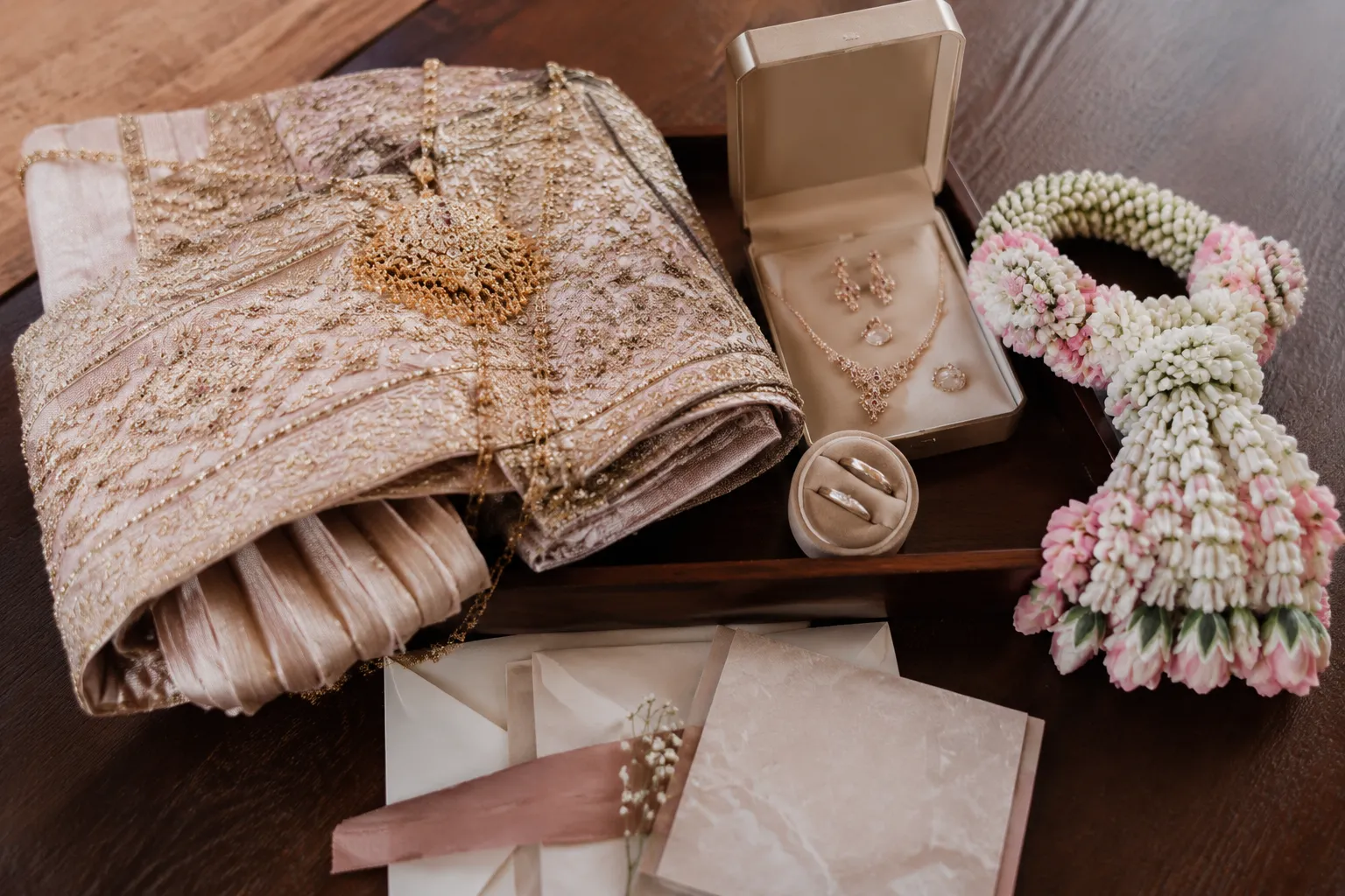 Thai wedding accessories arranged for detail photography before the ceremony