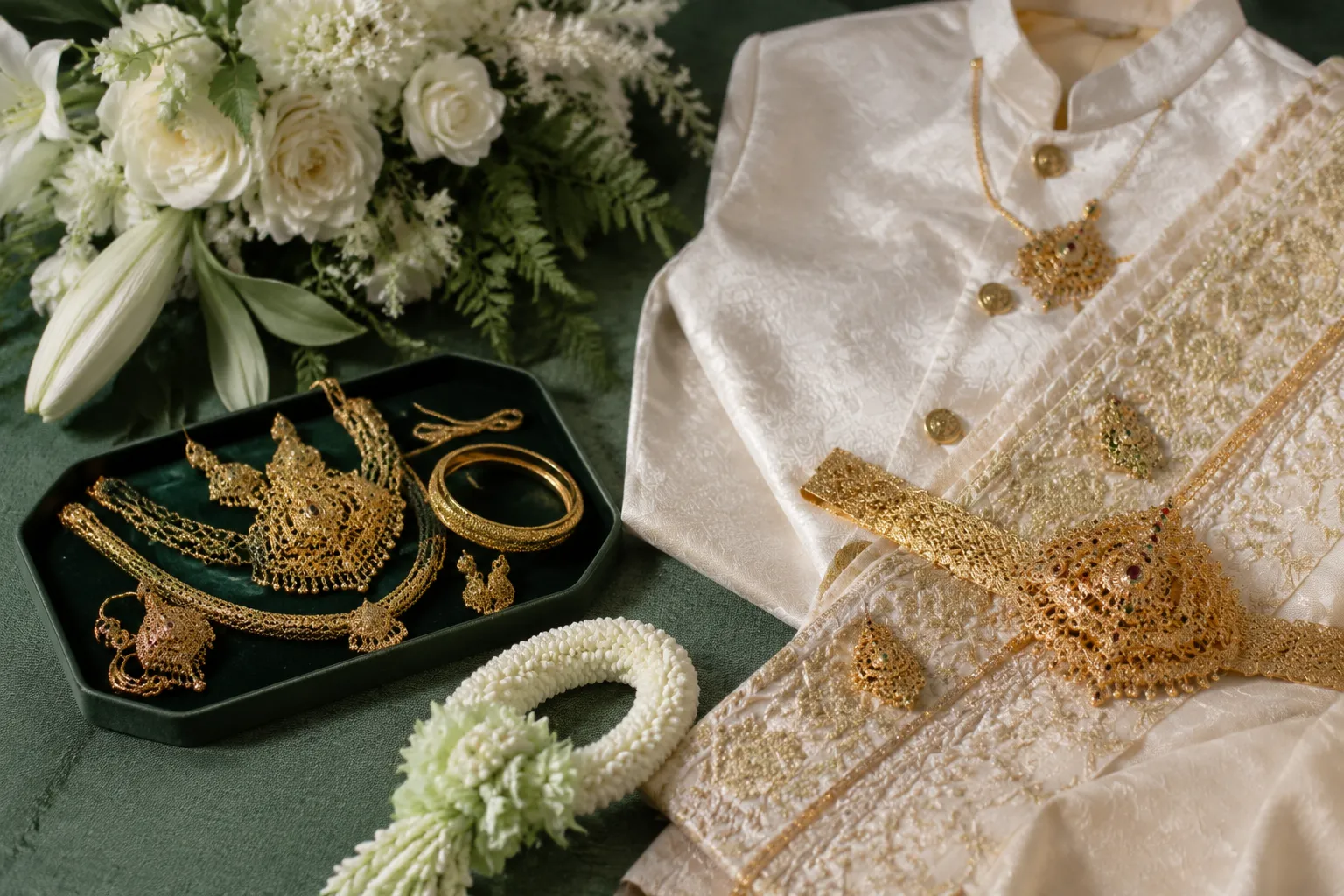 Thai wedding gold jewelry arranged with formal wedding attire and flowers