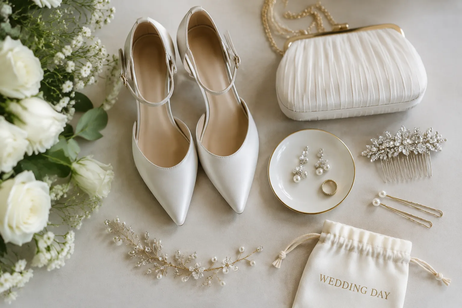 Wedding accessories arranged for ceremony photography planning