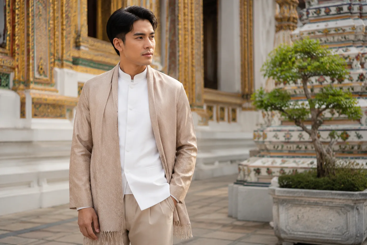 A respectful formal outfit with a removable layer for a temple and reception