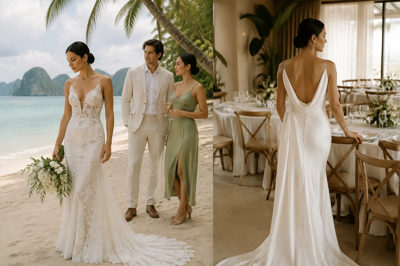 Wedding attire planning across a beach ceremony, blessing, and reception sequence