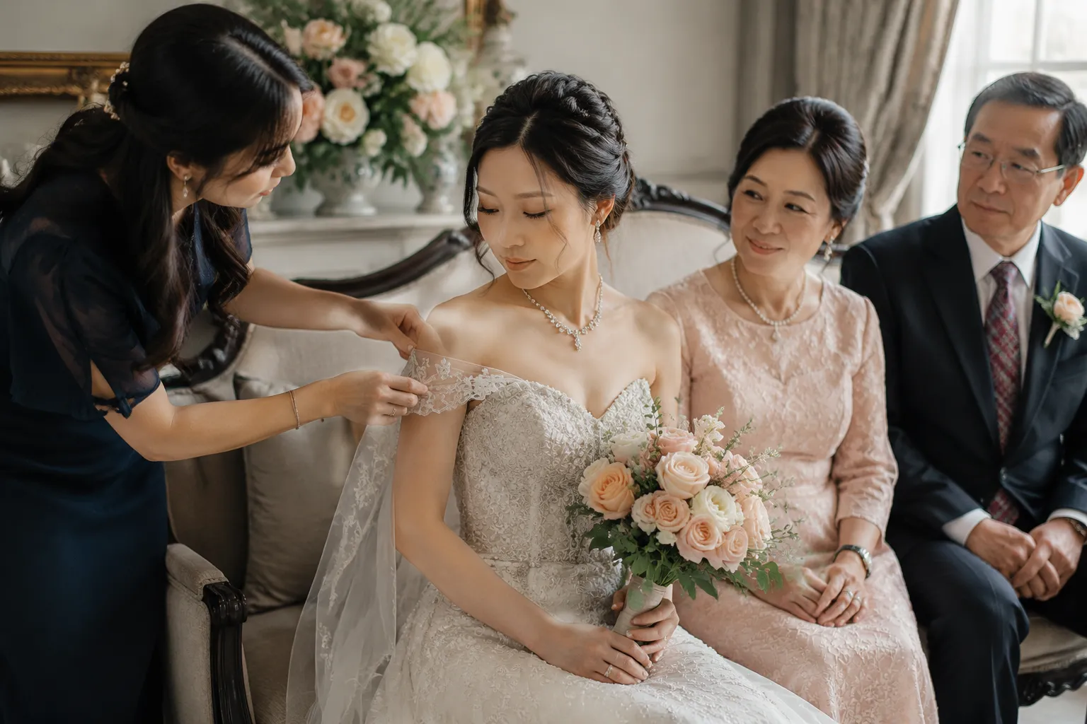 Removable wedding layer being adjusted before a formal family portrait