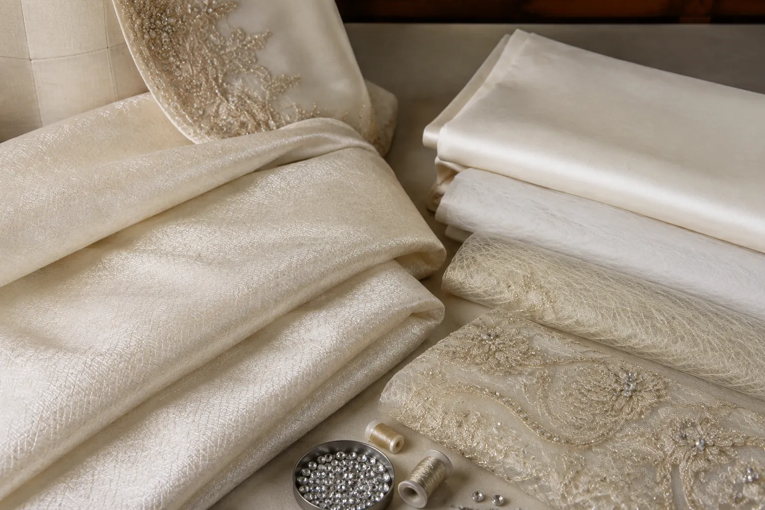 Close view of handwoven Thai silk, lining, embroidery, and structured bridal construction