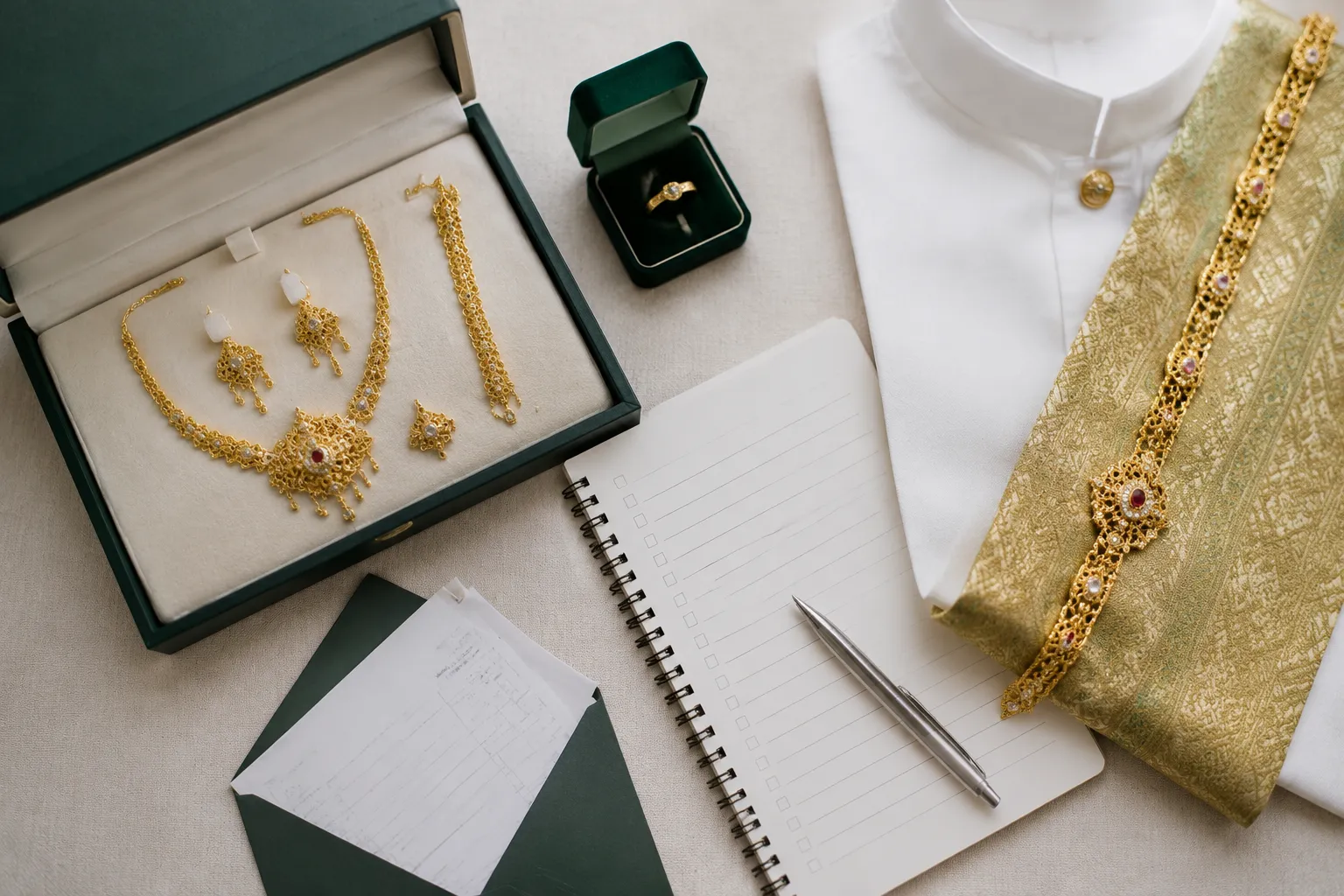 Wedding jewelry preparation with a storage case, written checklist, and formal attire