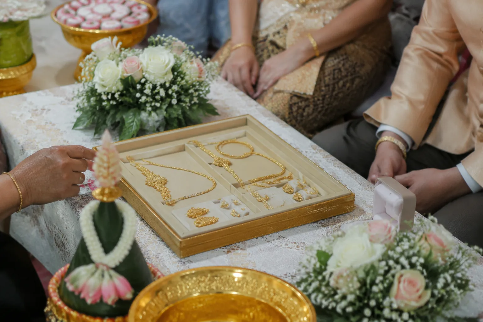 Thai wedding ceremony table prepared for a planned jewelry handover