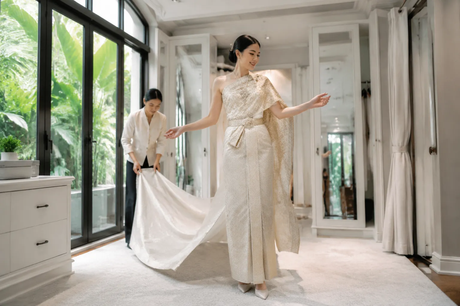 Bride testing movement in a completed Thai silk gown while an attendant manages the train