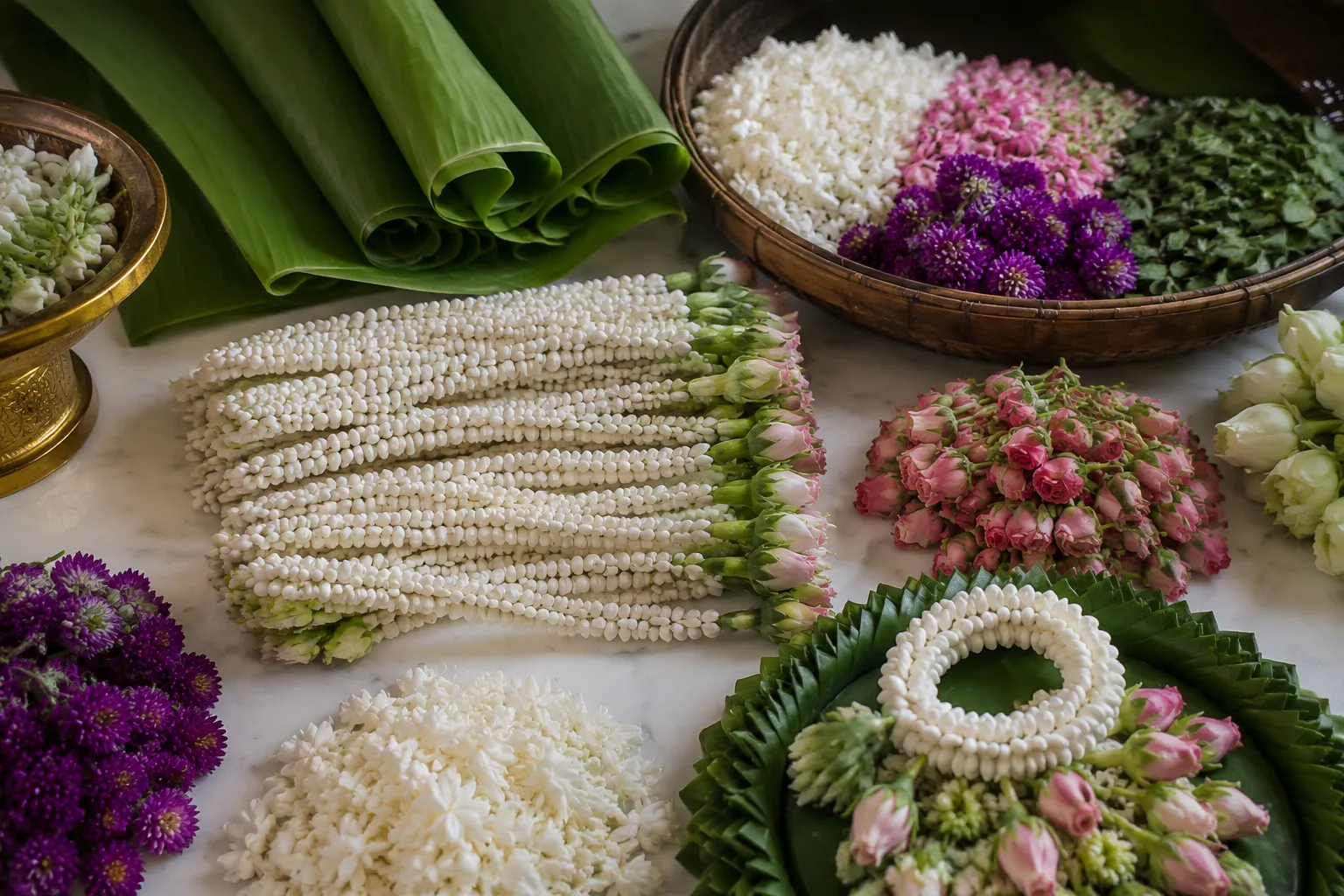 Fresh Thai floral craft materials and garland components prepared for wedding delivery