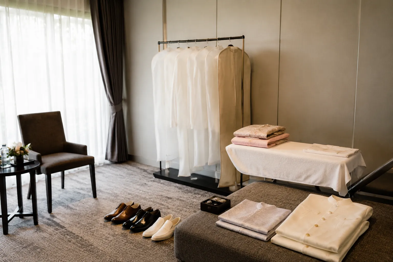 Private wedding changing area prepared for a Thai ceremony to reception outfit change