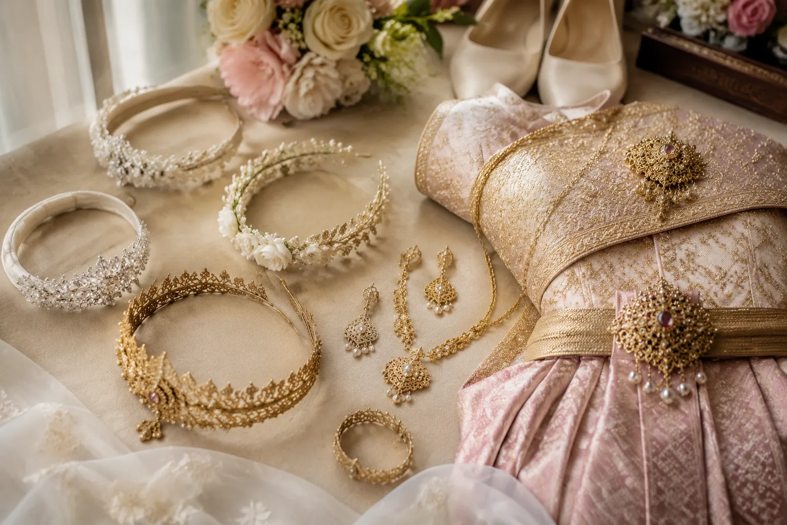 Wedding headpiece options prepared for fitting with Thai formal attire