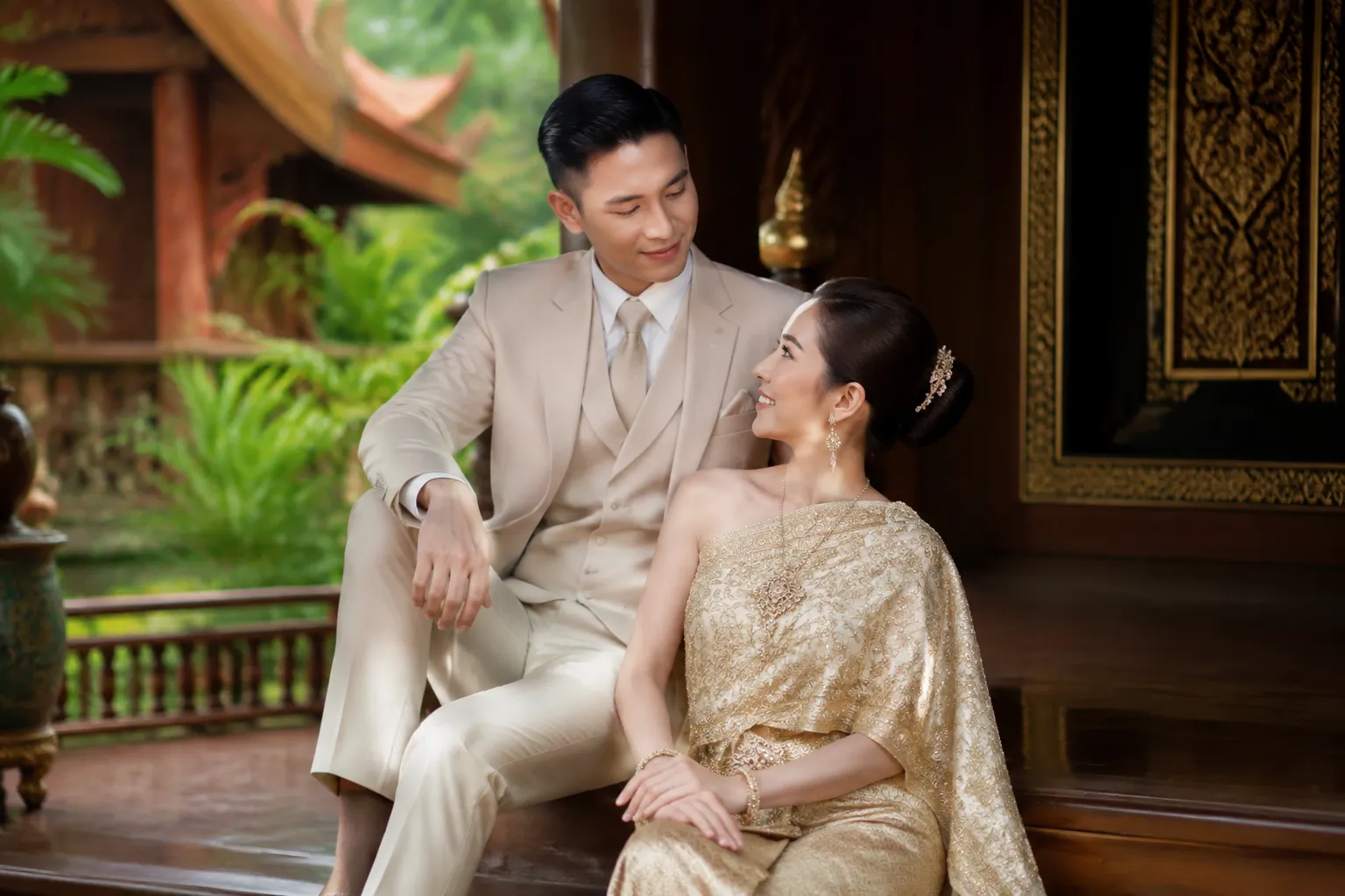 Couple testing full formal wedding attire while walking, sitting, and posing for photographs