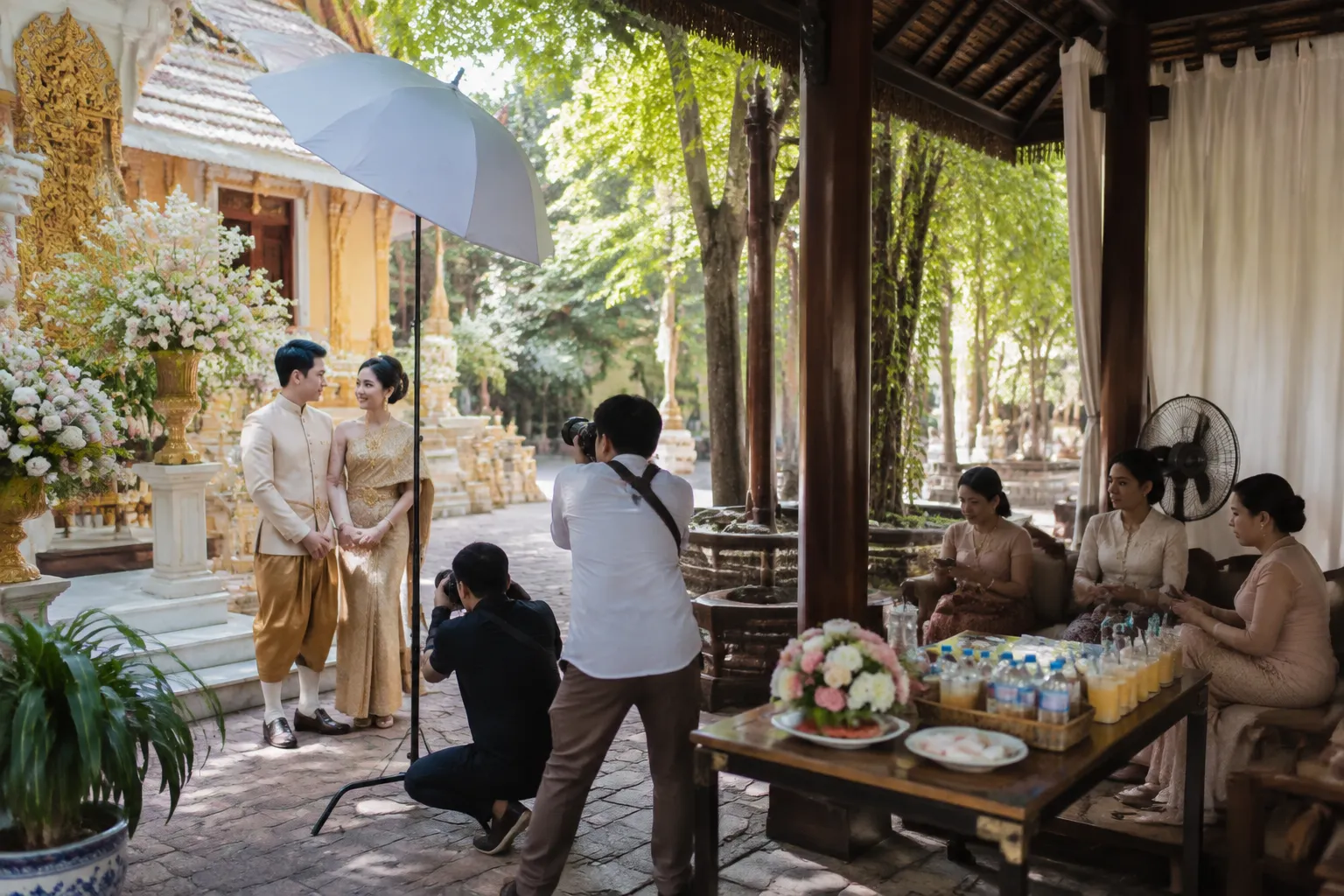 Shaded wedding photography and cooling area planned beside a Thailand ceremony venue